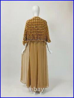 Vintage 90s Slip Dress & Cape Set MINK FUR Chiffon SHEER Duster CAMEL S 4 6 P136