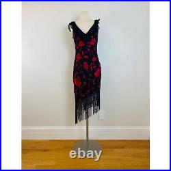 Vintage 90s Y2K Cache Black Chiffon Silk Bias Maxi Slip Dress Embroidered Red Em