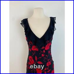 Vintage 90s Y2K Cache Black Chiffon Silk Bias Maxi Slip Dress Embroidered Red Em
