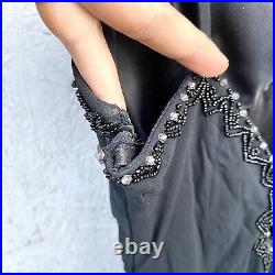 Vintage 90s Y2K Sue Wong Beaded Embellished Silk Chiffon Slip Dress Sz 2 Black