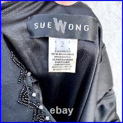 Vintage 90s Y2K Sue Wong Beaded Embellished Silk Chiffon Slip Dress Sz 2 Black