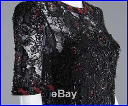 Vintage ADOLFO Black Lace & Beaded Coctail Dress & Slip with Red Rhinestones SZ M