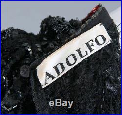 Vintage ADOLFO Black Lace & Beaded Coctail Dress & Slip with Red Rhinestones SZ M