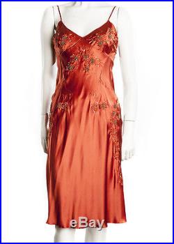 Vintage Alberta Ferretti Burnt Orange Embroidered Silk Slip Dress, 6