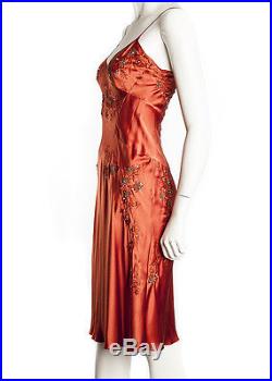 Vintage Alberta Ferretti Deep Orange Embroidered Silk Slip Dress, 6