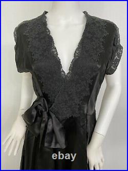 Vintage Antique Dressing Gown Dress Black Silk Satin Lace Made In France Fits S
