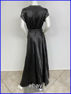 Vintage Antique Dressing Gown Dress Black Silk Satin Lace Made In France Fits S