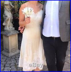 Vintage Antique Pure Silk Appliqué Lace Ivory Bridal Slip Dress 10 S Wedding