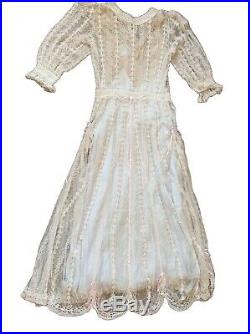 Vintage Antique White Crochet Dress with Vintage Blue Satin Slip, Size M