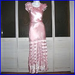Vintage Art Deco Ruffled Liquid Satin Flapper Gown Hollywood Glamour Slip Dress