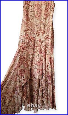 Vintage BCBGMAXAZRIA Beige Paisley Silk Ruffle Slip Maxi Dress Size US 12 UK 16