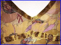 Vintage BETSEY JOHNSON Floral Spaghetti Strap Slip Dress Tan Maroon Gold Size L