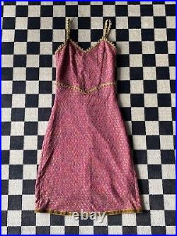 Vintage BETSEY JOHNSON New York Dress Pink Mesh Green Velvet Trim Medium
