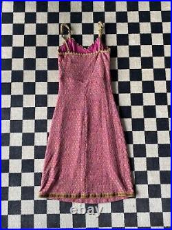 Vintage BETSEY JOHNSON New York Dress Pink Mesh Green Velvet Trim Medium