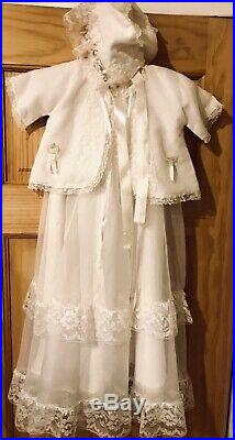 Vintage Baby Girl Ivory Christening Dress Set WithJacket Slip Bloomers and Bonnet