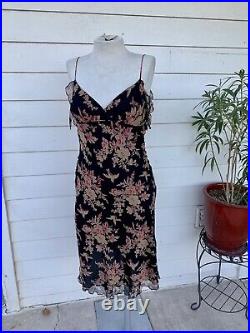 Vintage Betsey Johnson 90 2000 y2k Dress Midi Slip 100 Silk Bias 6 Floral Ruffle
