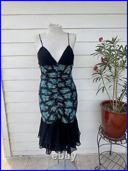 Vintage Betsey Johnson 90 2000 y2k Dress Midi Slip Silk Ruched Floral Sexy 6 Blu