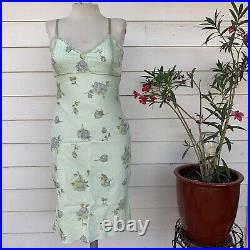 Vintage Betsey Johnson 90 2000 y2k Floral Linen Milkmaid Ribbon Lace Mid Dress
