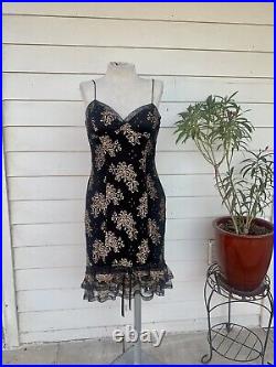 Vintage Betsey Johnson 90 2000 y2k Midi Metallic Lace Floral Bia Slip Dress Silk