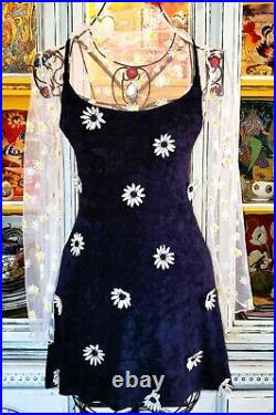 Vintage Betsey Johnson 90s Blue Terry Cloth White Daisy Slip Dress Size Small P