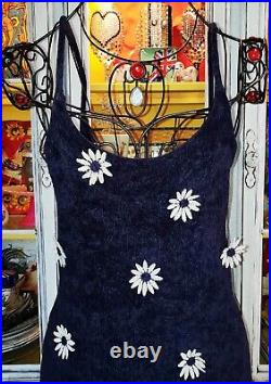 Vintage Betsey Johnson 90s Blue Terry Cloth White Daisy Slip Dress Size Small P
