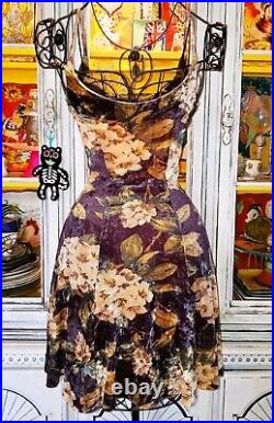 Vintage Betsey Johnson 90s Y2K Purple Floral Stretch Crushed Velvet Slip Dress S