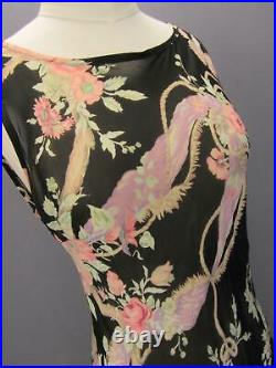 Vintage Betsey Johnson Black Pink Roses & Ribbons Ruffle Rayon Slip Dress Medium