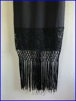 Vintage Betsey Johnson Black Stretch Lace Fringe Hem Slip Cocktail Dress Size M