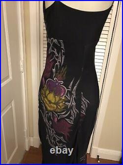 Vintage Betsey Johnson Black Tattoo Print Camisole Slip Dress Mermaid Hem S Euc