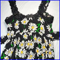 Vintage Betsey Johnson Daisies Silk Slip Dress Lace Trim Floral Black White 2