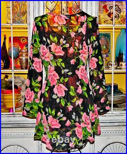 Vintage Betsey Johnson Dress 90s Sheer Black Floral Rose Tunic Slip Size Small