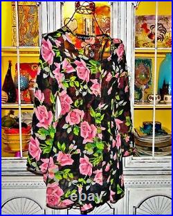 Vintage Betsey Johnson Dress 90s Sheer Black Floral Rose Tunic Slip Size Small