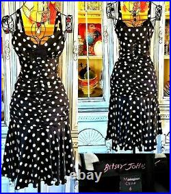Vintage Betsey Johnson Dress Y2K Black Polka Dot Slip Ruched Silk Size Small 6