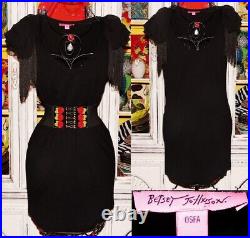 Vintage Betsey Johnson Dress Y2K Black Puff Shoulder Fring Slip Tee Size S M L