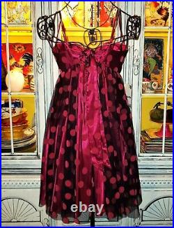 Vintage Betsey Johnson Dress Y2K Runway Black Sheer Pink Polka Dot Slip Sz Small