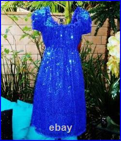 Vintage Betsey Johnson Evening Dress Blue Sequin Off Shoulder Slip Size Small 6