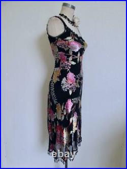 Vintage Betsey Johnson Floral Silk Slip Dress 6 Beaded Fringe Hem Asymmetrical