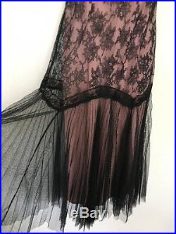 Vintage Betsey Johnson Large Pink Black Lace Dress Prom Formal Slip Long Dress