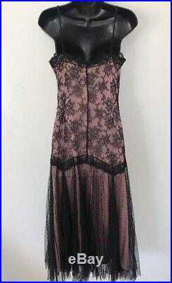 Vintage Betsey Johnson Large Pink Black Lace Dress Prom Formal Slip Long Dress