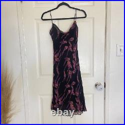 Vintage Betsey Johnson Midi Dress S Slip Silk 90s Parrots Tropical Black Pink