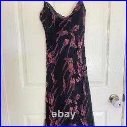 Vintage Betsey Johnson Midi Dress S Slip Silk 90s Parrots Tropical Black Pink
