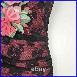 Vintage Betsey Johnson Midi Slip Dress Black Pink Lace Flower Floral 90s Y2K S