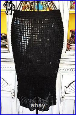 Vintage Betsey Johnson New York 90s Black Crochet Sequin Slip On Skirt Sz Medium