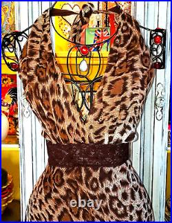 Vintage Betsey Johnson New York 90s Leopard Print Brown Lace Halter Slip Dress M