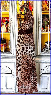 Vintage Betsey Johnson New York 90s Leopard Print Brown Lace Halter Slip Dress M