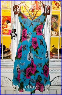 Vintage Betsey Johnson New York 90s Pink Rose Diamonds Sheer Silk Slip Dress M