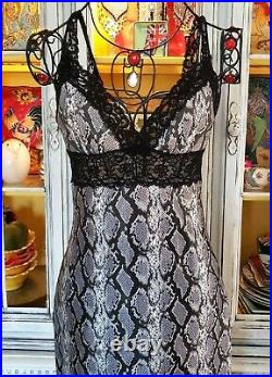 Vintage Betsey Johnson New York Slip Dress 90s Snake Print Black Lace Size Small
