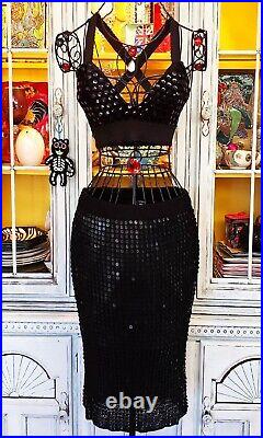 Vintage Betsey Johnson New York Y2K Black Crochet Sequin Slip On Skirt Sz Medium