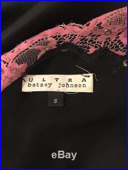 Vintage Betsey Johnson Silk Slip Dress withPink Lace & Rhintstone Detail Size Sm