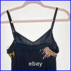 Vintage Betsey Johnson Slip Dress Black Silk Dragons Y2K 90s Spaghetti Strap